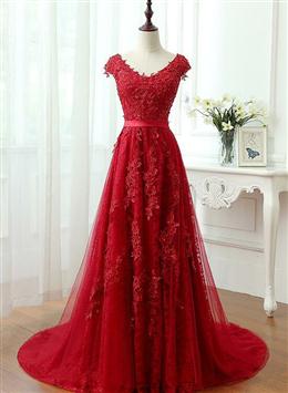 Picture of Charming Dark Red Color Lace A-line Long Formal Dresses, Pretty Red Color Evening Gown